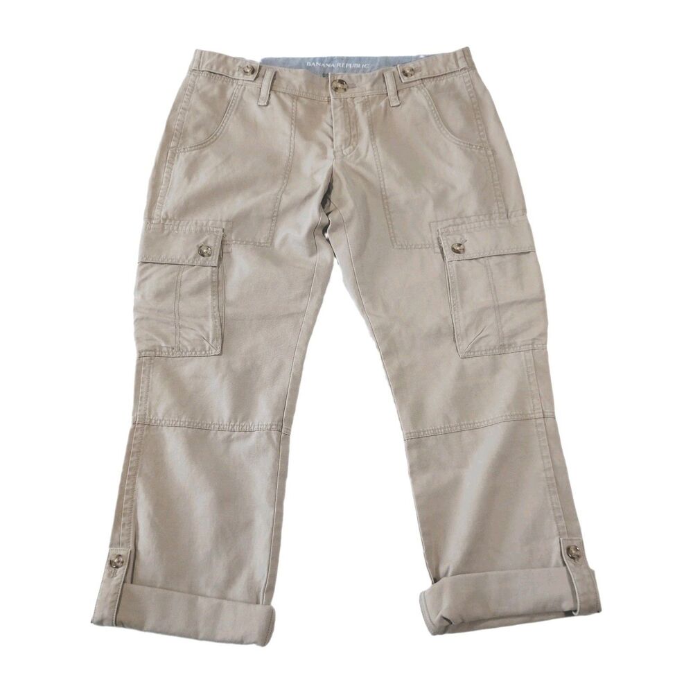 Banana Republic Women's Cropped Cargo Pants 6 Chino 100% Cotton Roll Tab Tan